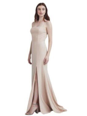 Amsale Nude Beige Spaghetti Strap Maxi Evening Gown
